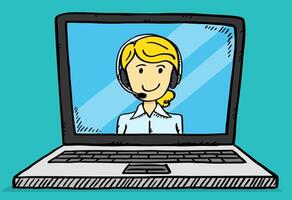 Cartoon style, colorful animation of talking, happy female customer service representative, that shows up on the notebook screen. vector