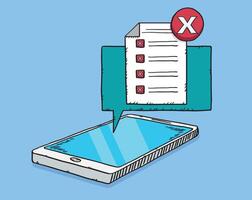 Hand drawn doodle illustration of checklist with bad answers markt on mobile screen. vector