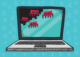Hand drawn illustration of a laptop attacked by computer viruses erasing its memory. Sketch style. vector