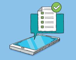 Hand drawn doodle illustration of checklist with all good answers on mobile screen vector