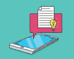 Hand drawn illustration of text document with idea bulb showing on message bubble from mobile phone screen. Doodle file. vector