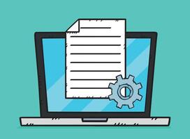 Sketch style illustration of text document and cog showing on laptop screen. Hand drawn doodle style file vector