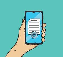 Hand holding mobile phone with text document and cog on screen. Sketch style illustration vector