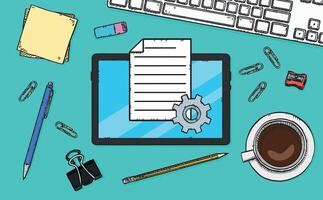 Hand drawn illustration of text document with cog showing on tablet screen. The tablet is on the desk in the office. Doodle file. vector