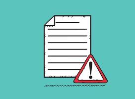 Hand drawn illustration of text document with warning sign. vector