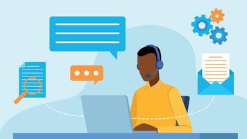 Graphic of a man working at a desk on a laptop. Next to him are icons conversation bubbles, document, email, and gears. Flat style graphics. vector