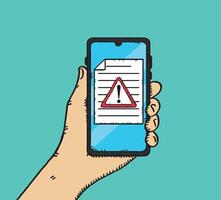 Hand holding mobile phone with text document with warning sign on screen. vector