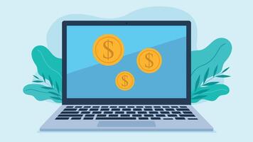 Graphics of a laptop with coin icons with a dollar symbol appearing on the screen. There are plants behind the laptop. Falt style graphics. vector