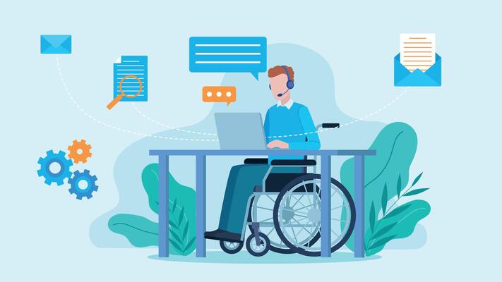Graphic showing a man on a wheelchair working at a desk on a laptop. Next to him are icons conversation bubbles, document, email, and gears. Flat style graphics