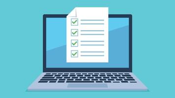 A laptop with a correctly completed survey or test on the screen. All answers are correct. Graphics in flat style. vector