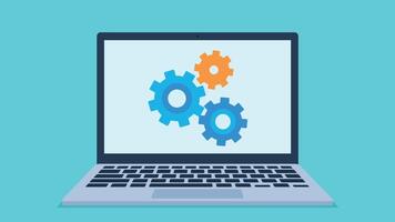 Laptop with gears on the screen. There are three gears on the laptop screen. One is orange and two are in different shades of color. Graphics in a flat style. vector