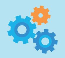 Graphics of three gears. One cog is orange and two are in different shades of color. Graphics in a flat style vector
