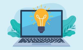 Graphics of a laptop with a light bulb on the screen. There are leaves in the background behind the laptop. Flat style graphics. vector