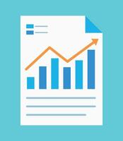 Document graphics with line chart and data. The graph is ascending. There is an orange arrow above the graph. Flat design. vector