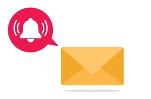 Orange email envelope. Next to the envelope there is a white speech bubble with a red bell icon. Flat design illustration. vector