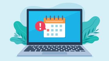 Calendar with a marked date on laptop screen. A red bubble with an exclamation point appears next to the date. Flat design vector