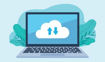 The cloud icon with the recording and download arrow is located on the laptop screen. Colorful graphics in flat design style. vector
