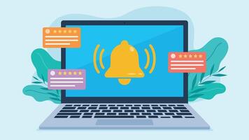 Flat design illustration. Notification bell on laptop screen. There are business cards with user reviews all over the place. Three reviews, all five stars. vector