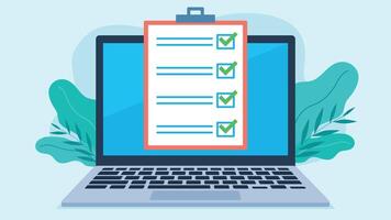 Notebook with a sheet of paper with a checklist on a laptop screen. The answers are well marked. The markers are green. Flat design vector