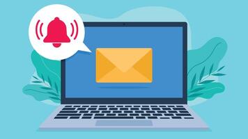 There is an orange email envelope on the laptop screen. Next to the envelope there is a white speech bubble with a red bell icon.. Flat design. vector