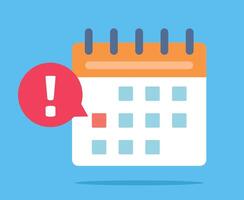 Calendar with a marked date. A red bubble with an exclamation point appears next to the date. Flat design. vector