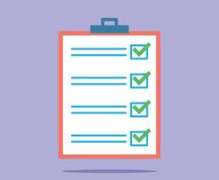 Notebook with a sheet of paper with a checklist. The answers are well marked. The markers are green. Flat design. vector