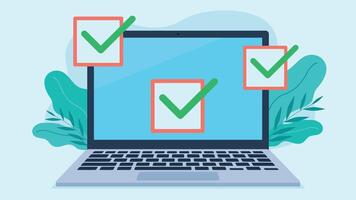 Three green checkmarks on the laptop screen. Graphics in flat design. Colorful graphics. Everything marked correctly vector