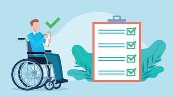 A man in a wheelchair fills out a survey. next to the figure there is a large graphic of a completed list with well-marked answers. Checklist on a notepad. Flat design vector
