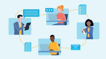 Online team meeting of four employees. Two women and two men. Next to the characters there are speech bubbles, an email envelope, a document with a checklist, and a document with a magnifying glass vector