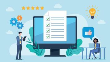 Flat design . Checklist on monitor screen. Businessman standing with tablet, woman is sitting and working on laptop. Around them are 5 star review, cogs, bulb and thumbs up icon. vector