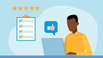 Flat design . An employee is working on a laptop with a thumbs up in cloud. A website in the background with a completed checklist. The checklist is completed correctly. 5 stars feedback. vector