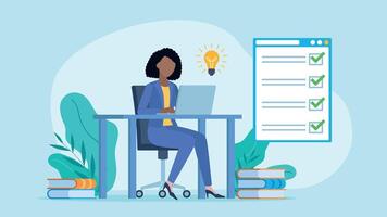 Flat design . An female employee writes on a laptop with a light bulb on it. A website appears in the background with a completed checklist. The checklist is completed correctly vector