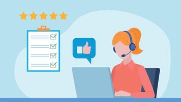 An female employee is working on a laptop with a thumbs up in cloud. A website in the background with a completed checklist. The checklist is completed correctly. 5 stars feedback. Flat design vector