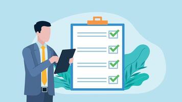 businessman dressed in a suit holds a tablet in his hand. Next to the drawing there is a completed survey with questions. All checkboxes are correctly selected in green. Flat design vector
