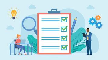 Notebook with checklist. All fields marked green. Next to the checklist stands an employee with a tablet and an employee working on a laptop. Flat design vector