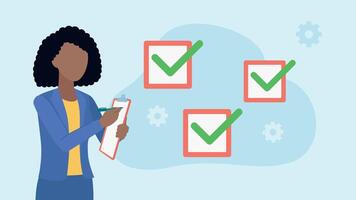 Woman at work taking notes in a notebook. Next to it there are filled checklist squares. Graphics in flat style vector
