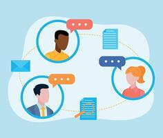Employee avatars, a woman and two men. Next to them there are speech clouds and around them there are icons of a document with a magnifying glass, a document and an email. Flat design. vector
