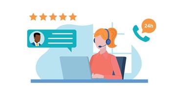 Woman sitting in front of a desk and working on laptop. Having conversation with client. Client is giving five star review. Flat design. vector