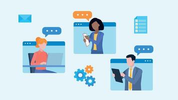 Chat in the company. The characters are located in the communicator frames. There are speech bubbles next to employees. And around it there are graphic elements email, a gear wheel, and a check vector