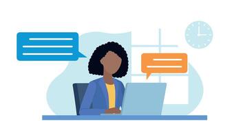 Flat design illustration. Woman sitting in front of a desk and working on laptop. Having conversation with coworker or client. Speak bubbles come from woman and laptop vector