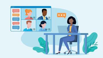 Employee conference on the application. One woman sits at a desk and works on a laptop, the other characters are in the messenger bubble. They find message bubbles next to them. Flat design vector