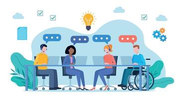Employees at their desks brainstorm. There are speech bubbles next to their heads. There is a lit bulb above them. Next to them there are checker, document and gear icons. Flat design. vector