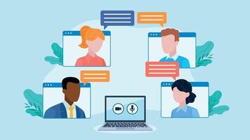 Conversation of students, employees, friends. Laptop with camera and microphone icon. Above it, messenger app tiles with character avatars. There are conversation bubbles next to the characters vector