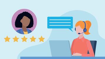 Flat design . Customer support worker in headset is having conversation with client. Client is giving five star review of support. vector