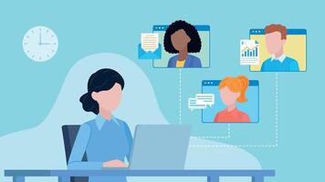 An employee is having a conversation with her co-workers. Documents and information are exchanged with them. Email, chat, and data icons appear next to other characters. Flat design. vector