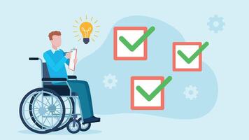 A businessman in a wheelchair holds a notebook and fills out a questionnaire. There is a light bulb icon above the tablet. There are filled-in checkmarks next to the figure. Flat design. vector