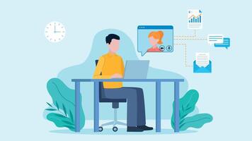 Man sitting and working on laptop and having conversation with coworker. Next to the woman's avatar there are document, conversation and email icons. Flat design. vector