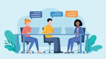Employees sit at a desk, work on laptops and talk. There are conversation bubbles next to the characters. Two women and one man. Flat design. vector