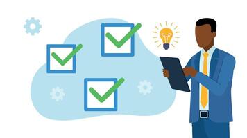 A businessman holds a tablet in his hand and fills out a questionnaire. There is a light bulb icon above the tablet. There are filled-in checkmarks next to the figure. Flat design. vector