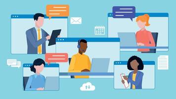 Employee chats in messenger windows. There are speech bubbles and icons next to the characters. Work, education, conversation. Various employees. Flat design. vector